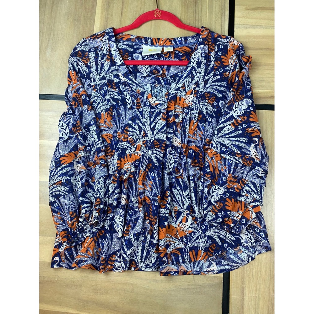 Maeve Anthropologie Blouse XS Floral Print Peasant Boho Chic Orange Blue
